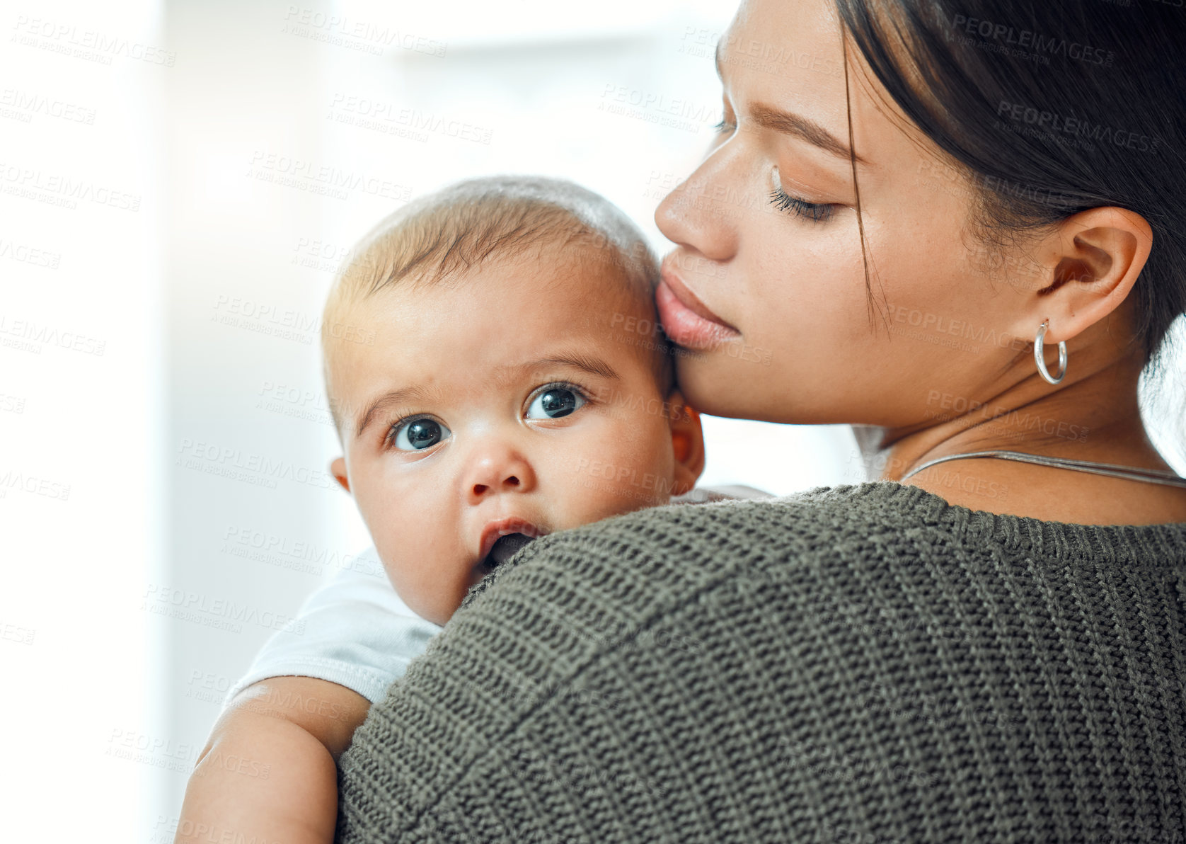 Buy stock photo Hug, woman and baby in arms for support, development and growth together in bedroom. Love, mother and child in family home for trust, connection and time with mama and healthy kid in apartment