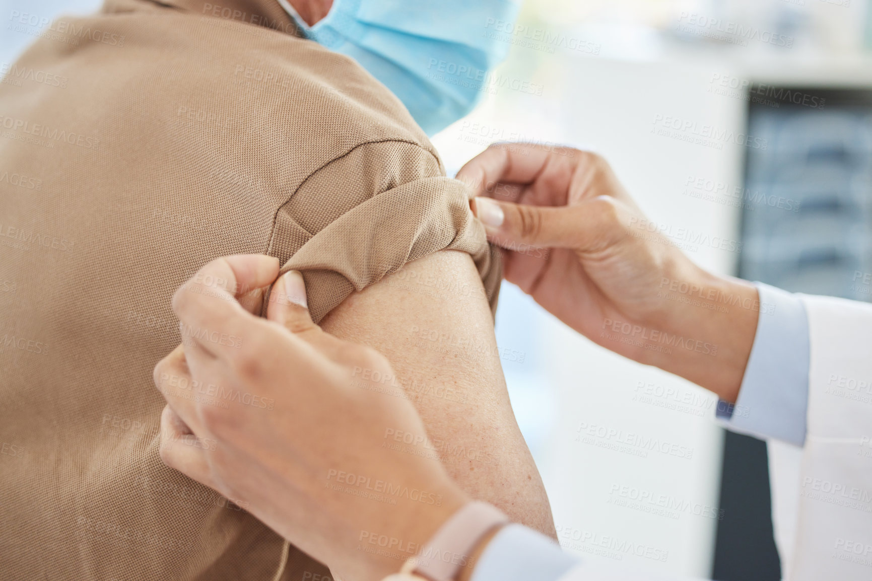 Buy stock photo Arm, hands and doctor with patient for vaccine to prevent virus at medical consultation at hospital Protection, nurse and healthcare worker with person for injection at checkup in medicare clinic.