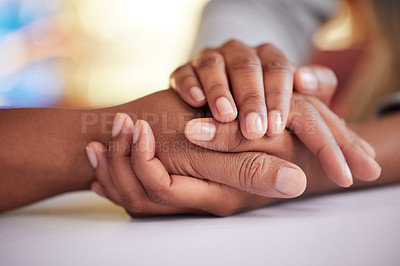 Buy stock photo Home, family and people holding hands on table for bonding, love and happy relationship in house. Affection, wellness and closeup for comfort, compassion and trust for support, care and protection