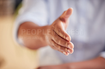 Buy stock photo Open handshake, closeup and welcome in office for agreement, collaboration and congratulations. Person, partnership and introduction with respect, hiring and recruitment at human resources agency