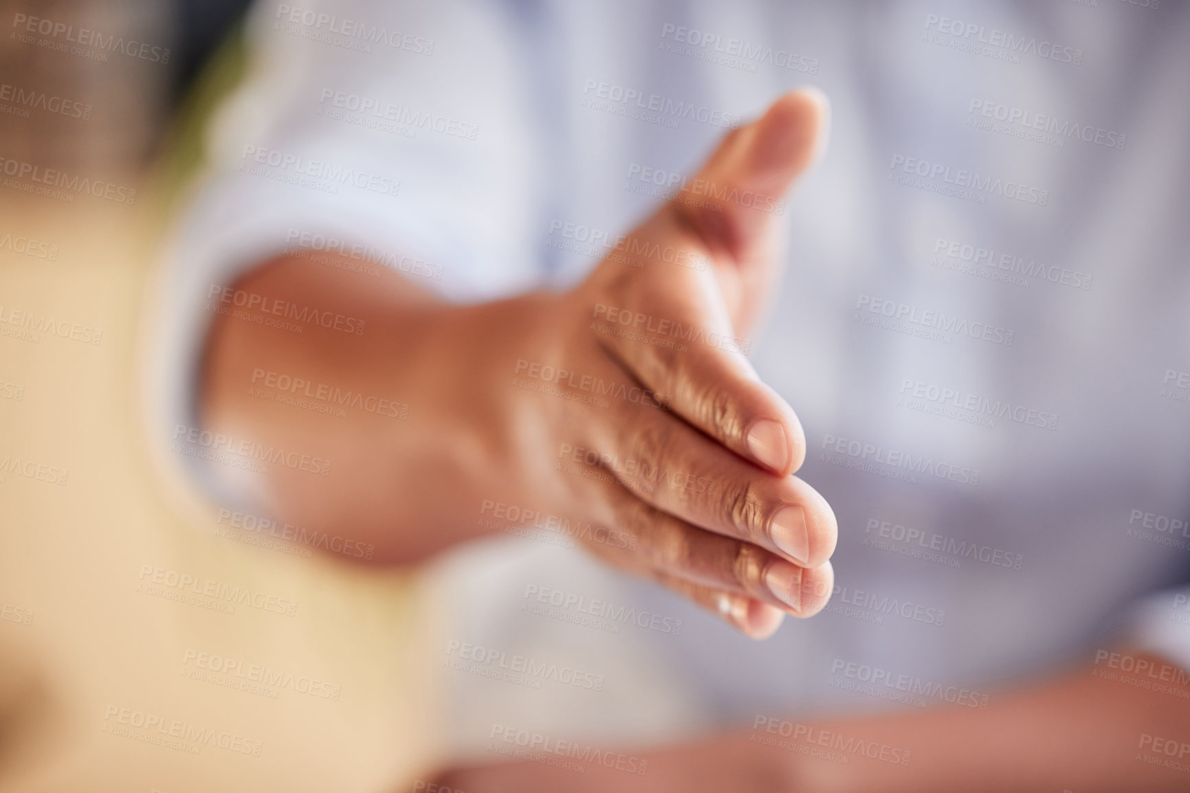 Buy stock photo Open handshake, closeup and welcome in office for agreement, collaboration and congratulations. Person, partnership and introduction with respect, hiring and recruitment at human resources agency