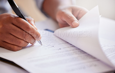 Buy stock photo Hands, signature and writing on contract for deal at record company for music license in office. Person, legal paperwork or document for production budget, artist or sign for distribution of album