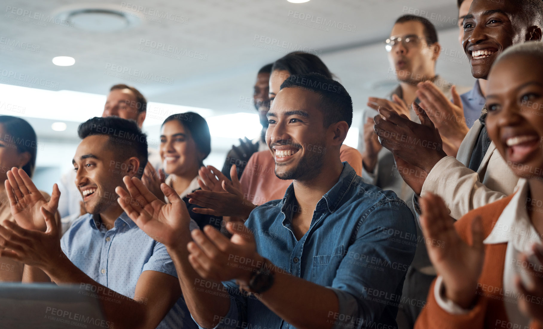 Buy stock photo Applause, support and wow with a business team clapping as an audience at a conference or seminar. Meeting, motivation and award with a group of colleagues or employees cheering on an achievement
