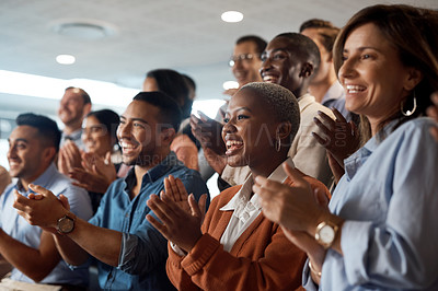Buy stock photo Applause, support and motivation with a business team clapping as an audience at a conference or seminar. Meeting, wow and award with a group of colleagues or employees cheering on an achievement