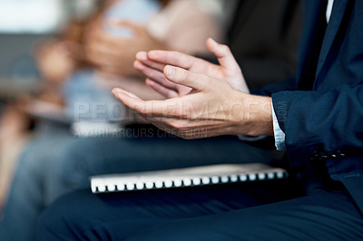 Buy stock photo Cropped shot of an unrecognizable man clapping during a conference in modern office