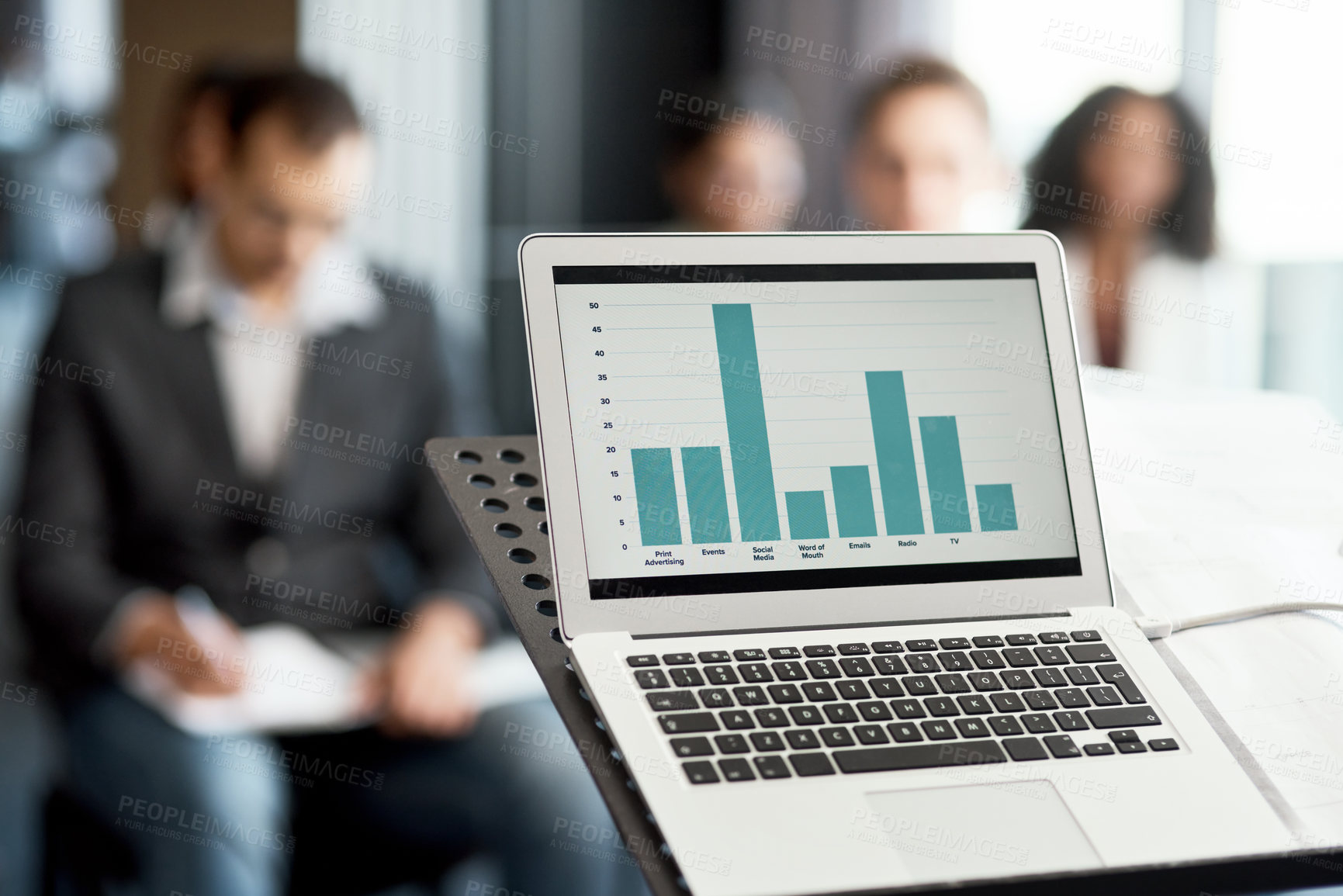 Buy stock photo Shot of a laptop displaying graph in a business meeting