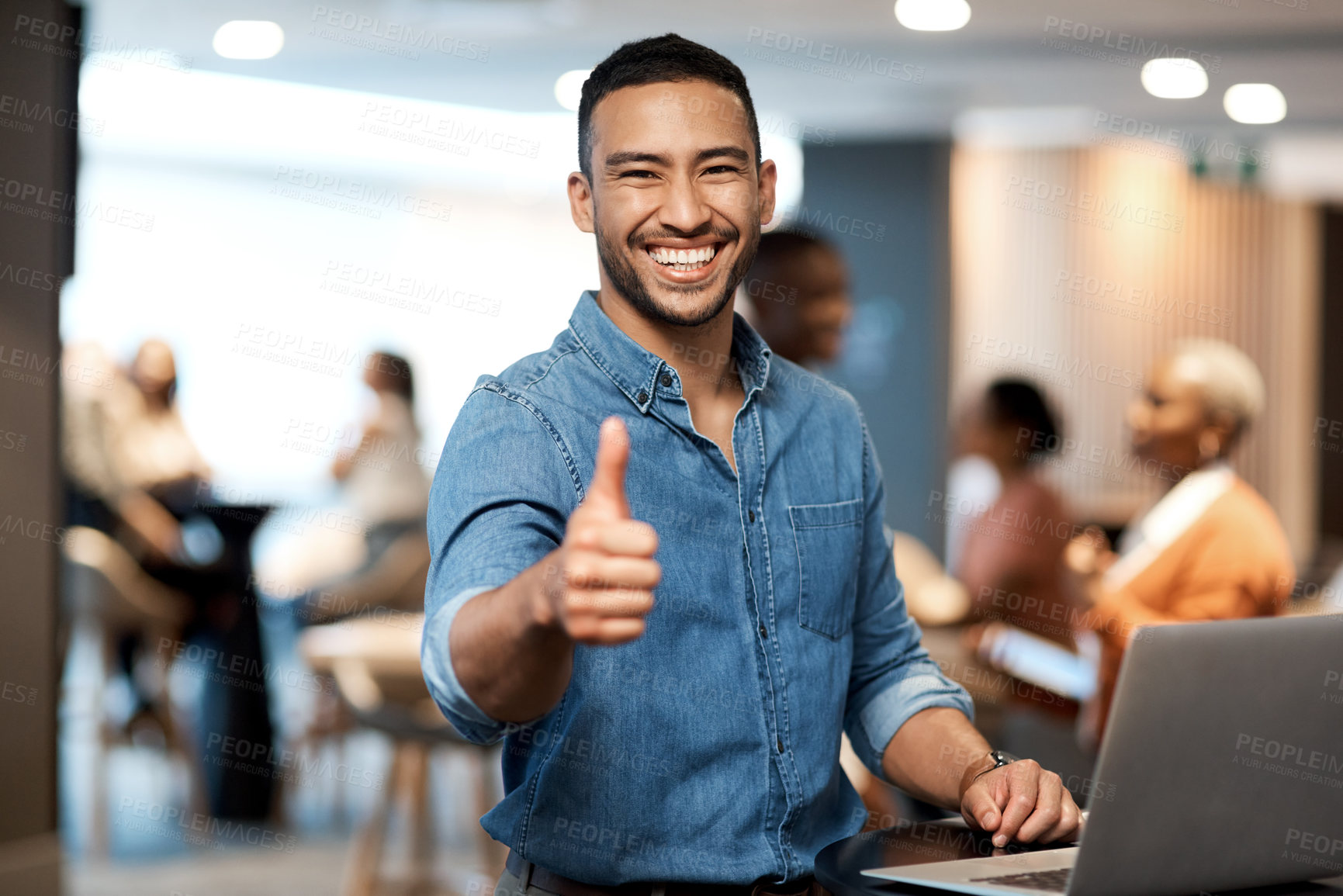 Buy stock photo Portrait, business and man with a laptop, thumbs up and internet connection in a modern office, smile and agreement. Face, male person and employee with a pc, technology and professional with support