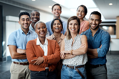 Buy stock photo Diversity, portrait of happy colleagues and smile together in a office at their workplace. Team or collaboration, corporate workforce and excited or cheerful group of coworker faces, smiling at work