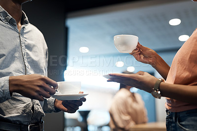 Buy stock photo Coffee break, team and closeup with hands at networking event for a discussion with a partnership. Professional, teamwork and tea for conversation with hand at a company with communication.