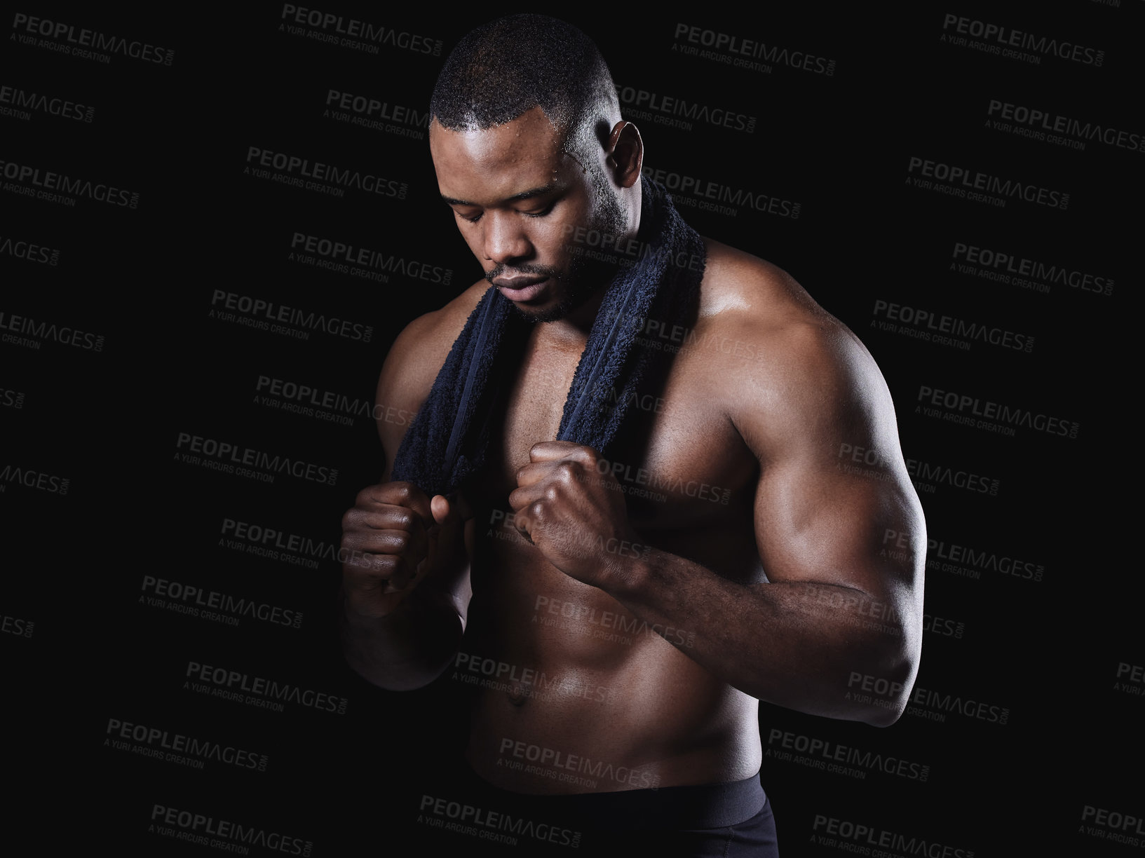 Buy stock photo Black man, thinking and towel in studio for cleaning, exercise and fitness or workout. Bodybuilder, wellness and idea for training by dark background with African athlete and muscles, stomach and abs