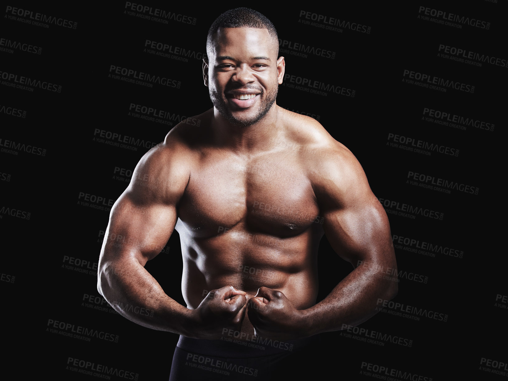 Buy stock photo Portrait, flexing muscle and black man in studio with arms for training, workout routine or biceps on dark background. Strong, wellness and shirtless bodybuilder for confidence, arm growth or fitness