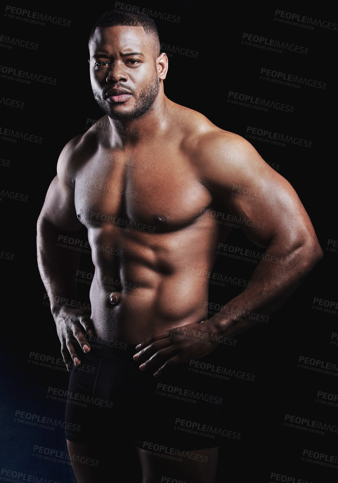 Buy stock photo Black man, portrait and abdomen in studio for exercise, strong bodybuilder or training for wellness. Male athlete, dark background and healthy for fitness workout, stomach with muscle for gym sport