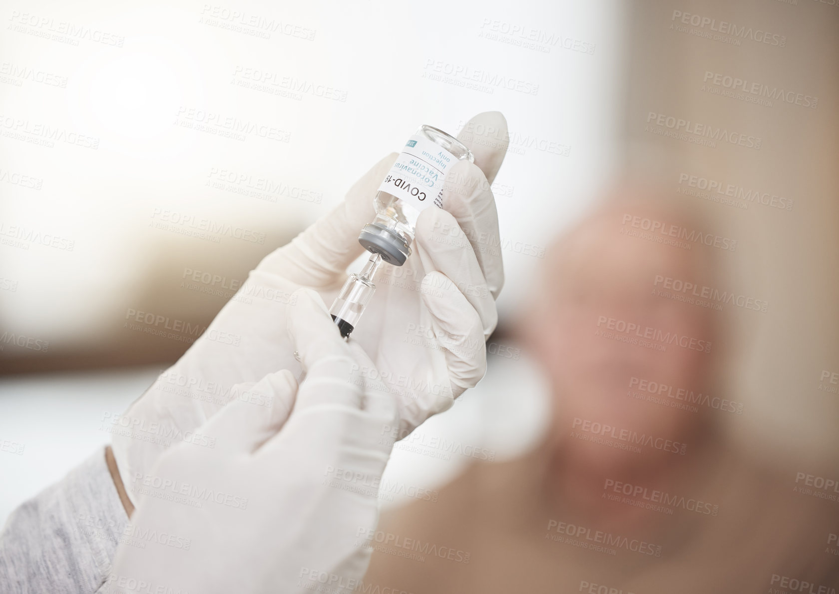 Buy stock photo Hands, syringe and vial with gloves for vaccine, care or flu medicine in retirement home living room. Closeup, doctor and injection for health, wellness or virus with healthcare life extension drugs