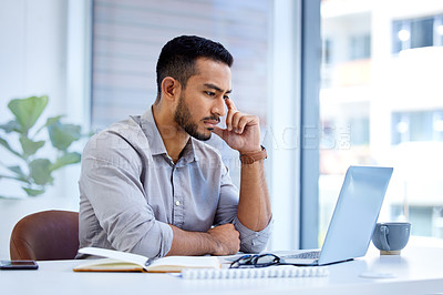 Buy stock photo Technology, businessman with laptop and at his desk in office at workplace with a lens flare. Connectivity or social networking, online and male person reading an email or report at his workspace
