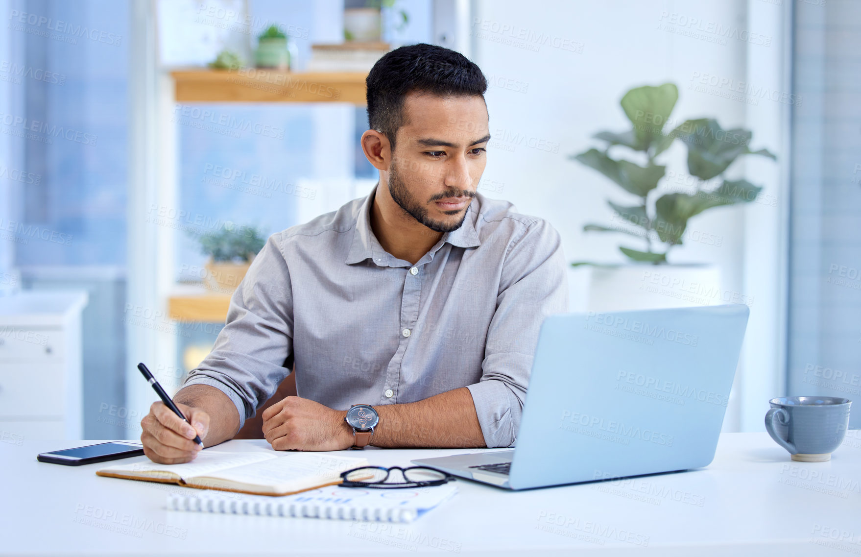 Buy stock photo Young business man, writing and notebook with laptop, ideas or schedule planning at web design job. Businessman, book and computer with notes, brainstorming or problem solving for report in workplace