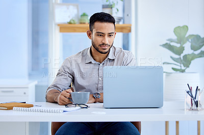 Buy stock photo Coffee, businessman with laptop and at his desk in a office at workplace. Project management planning or strategy, networking or connectivity and male person reading an email at his workspace