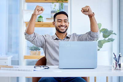 Buy stock photo Businessman, laptop and celebrate success or win at desk with fist for bonus deal. Excited Asian man or entrepreneur with tech for profit, competition or online achievement and loan notification 