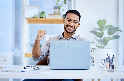 Buy stock photo Laptop, business and a man celebrate success or win at desk with fist for bonus deal or growth. Excited Asian businessman with tech for sales profit, competition or online achievement notification 