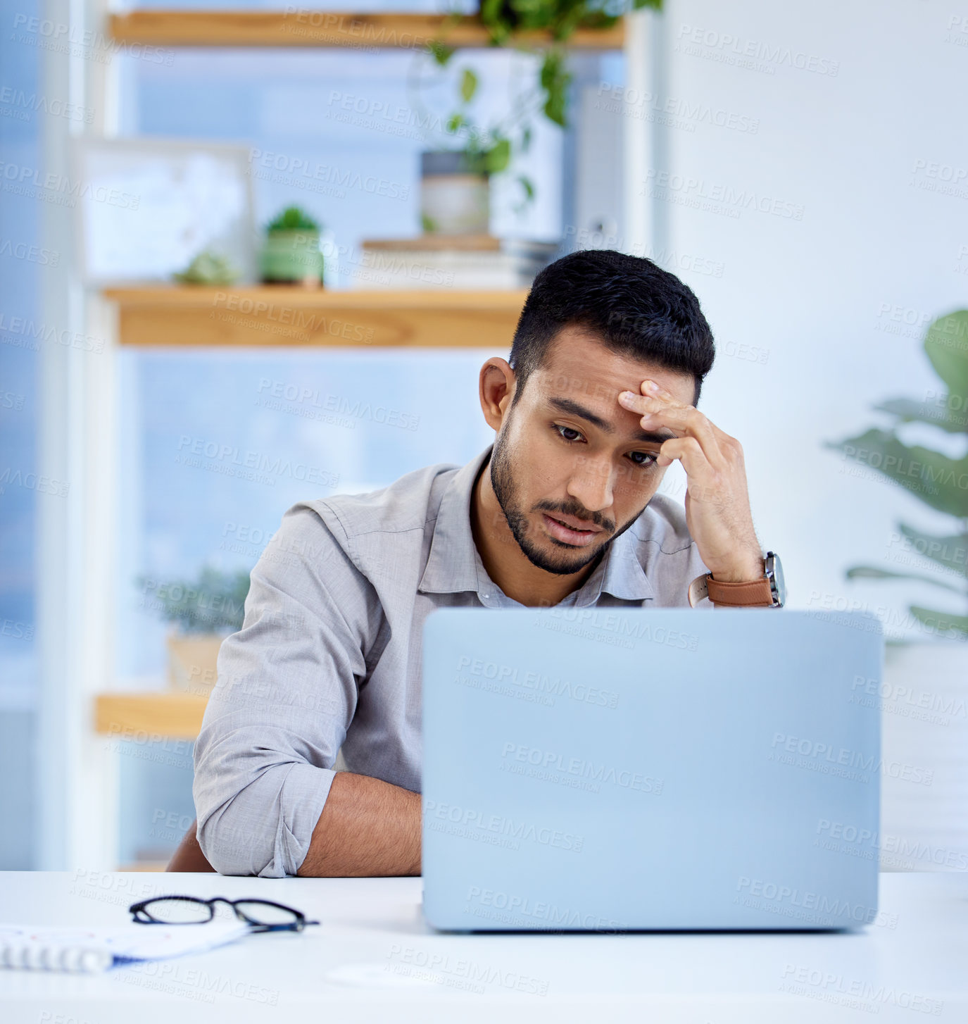 Buy stock photo Business, burnout and man with a headache, laptop and overworked with health problem, professional and error. Male person, employee or consultant with a pc, burnout and migraine with network glitch