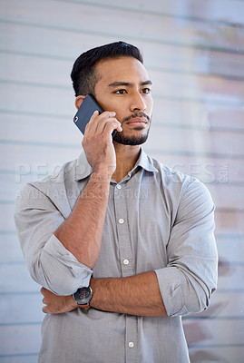 Buy stock photo Serious, phone call and Asian man with business, contact and connection with communication, talking and speaking. Male person, employee and entrepreneur with a smartphone, network and stern face