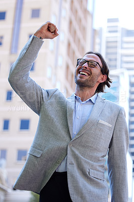 Buy stock photo Success, happy businessman and in the city background walking. Good news or happiness, celebration or achievement and excited or cheerful man walk in urban streets smiling for health wellness