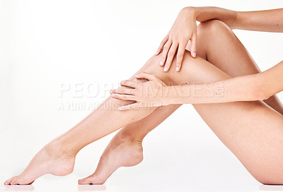 Buy stock photo Cropped shot of an unrecognizable woman's legs in studio against a grey background