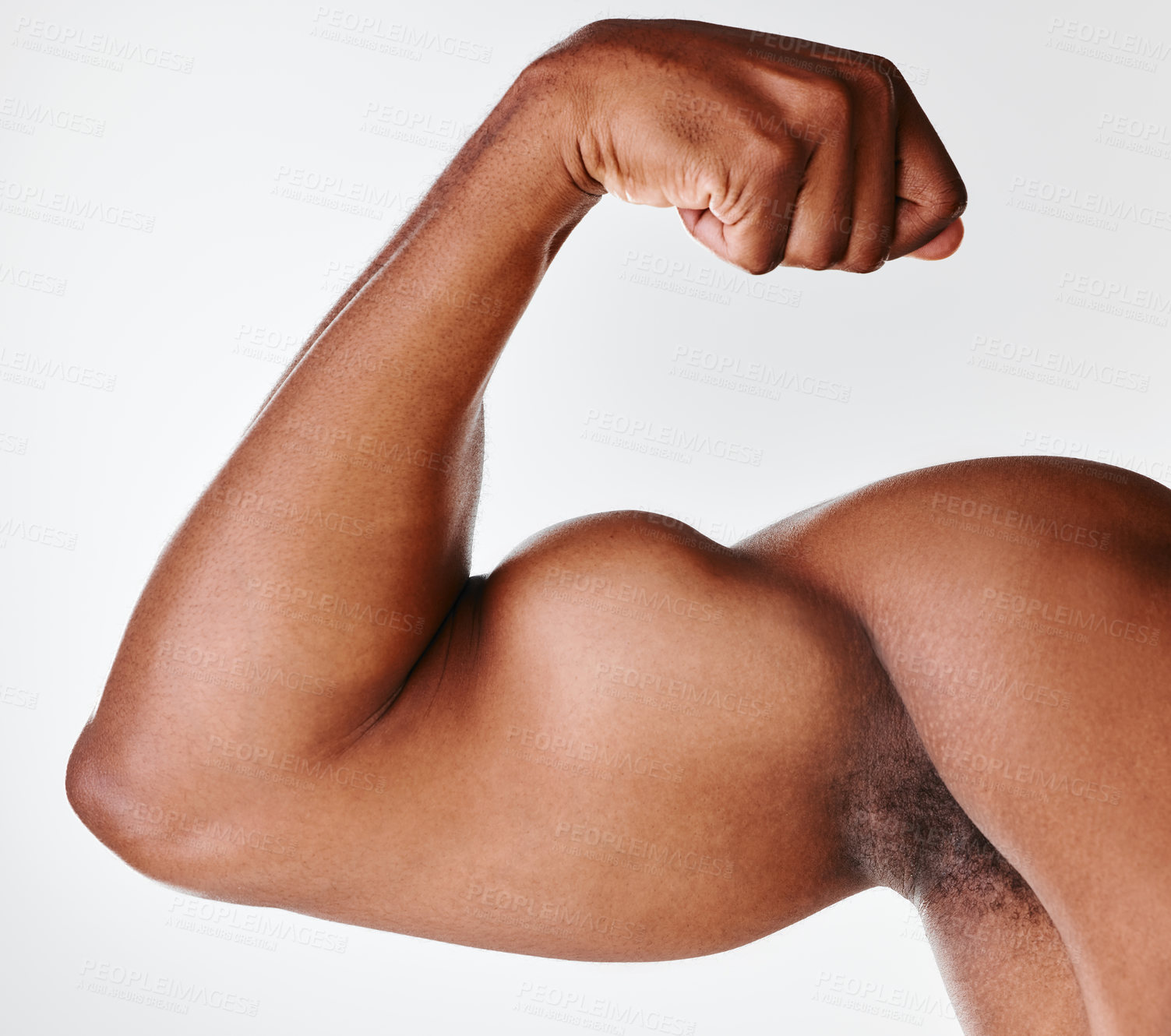 Buy stock photo Man, bicep and flexing for fitness in studio, strong arms and muscle development on white background. Person, confident and athlete for power growth or healthy body, bodybuilder and tough or training