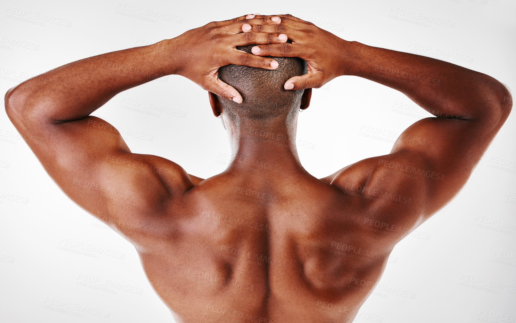 Buy stock photo Black man, back and flexing for fitness in studio, strong arms and muscle development on white background. Person, confident and athlete for power or healthy body, bodybuilder and tough or training