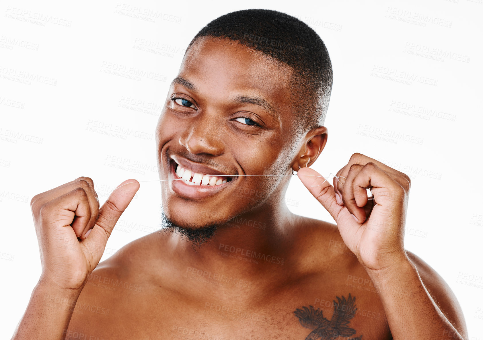 Buy stock photo Grooming, man and portrait with dental floss, morning routine and wellness in care, hygiene on white background. African, male person and oral health for teeth, fresh breath and confidence in studio