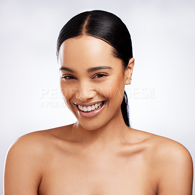 Buy stock photo Skincare, woman and portrait for beauty, aesthetic and routine facial treatment. Spa, wellness and skin glow for dermatology on white studio background with black model, cosmetics and collagen shine