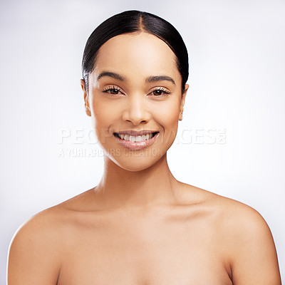 Buy stock photo Skincare, woman and smile for beauty, aesthetic and routine facial treatment. Spa, wellness and skin glow for dermatology on white studio background with model portrait, cosmetics and collagen shine