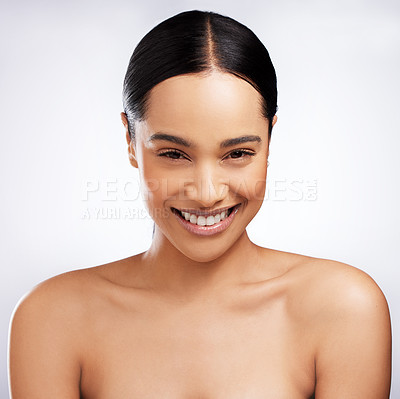 Buy stock photo Skincare, woman and portrait for dermatology, smile and routine facial treatment. Spa, wellness and skin glow for beauty on white studio background with black model, cosmetics and collagen shine