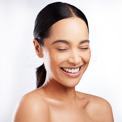 Buy stock photo Skincare, woman and smile for cosmetics, aesthetic and routine facial treatment. Spa, wellness and skin glow for dermatology on white studio background with black model, beauty and collagen shine