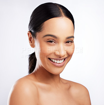 Buy stock photo Skincare, model and smile for cosmetics, aesthetic and routine facial treatment. Spa, wellness and skin glow for dermatology on white studio background with black woman, beauty and collagen shine