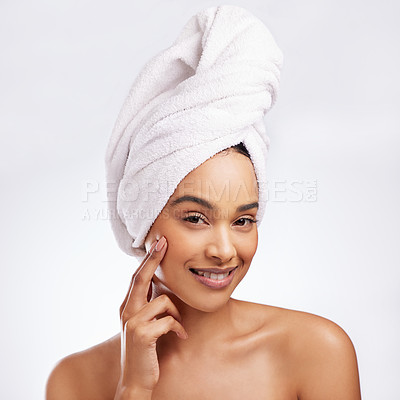 Buy stock photo Portrait, woman and towel in studio for skincare with beauty, happiness and cosmetics. Wellness, model girl and pride or smile for spa treatment, collagen and dermaplaning by white background