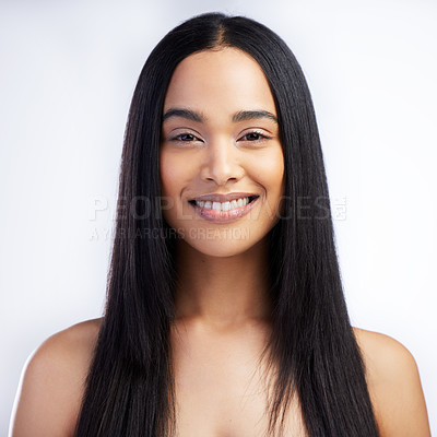 Buy stock photo Face, smile and straight hair of woman in studio isolated on a white background for skincare. Portrait, haircare and female model in natural makeup, cosmetics and salon treatment for beauty hairstyle