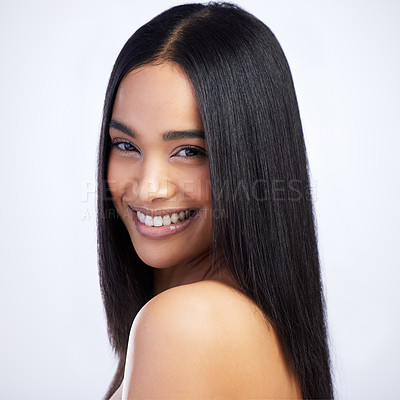 Buy stock photo Beauty, face smile and straight hair of woman in studio isolated on a white background for skincare. Portrait, haircare and female model in natural makeup, cosmetics and salon treatment for hairstyle