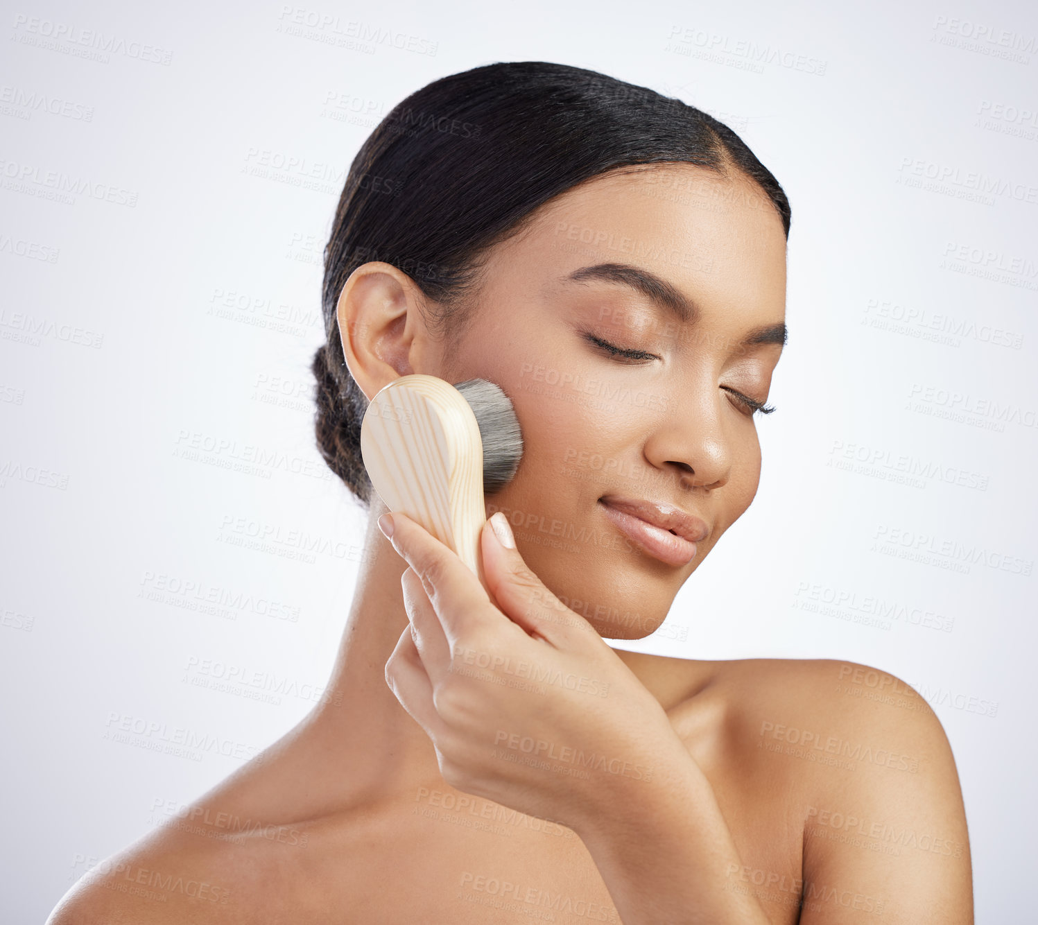 Buy stock photo Relax, skincare and woman with face exfoliation brush in studio for wellness, shine or dermatology treatment on white background. Beauty, glow and model with scrub tool for facial cleaning cosmetics