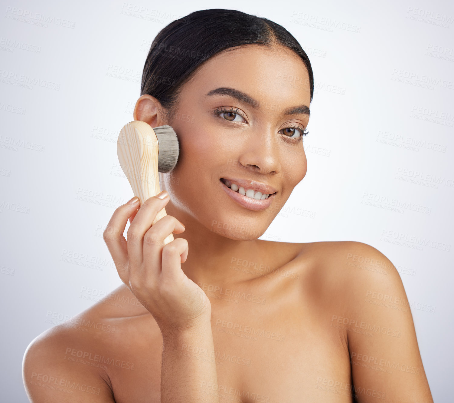 Buy stock photo Skincare, portrait and woman with exfoliating face brush in studio for wellness, shine and dermatology on white background. Beauty, glow and model with scrub tool for facial, cleaning or cosmetics