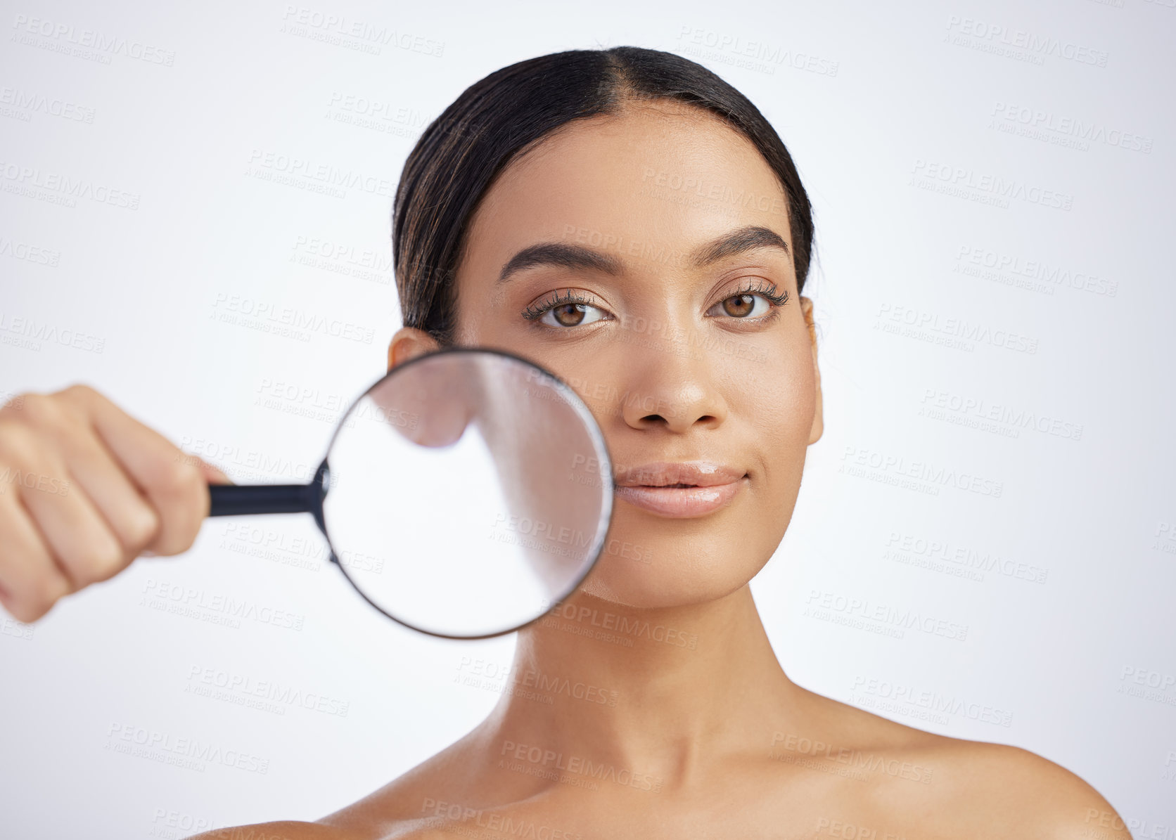 Buy stock photo Skincare, portrait or girl with magnifying glass in studio for skin, inspection or cosmetics on white background. Face, beauty or girl model with search lens for fine lines, inspection or dermatology