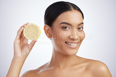 Buy stock photo Skincare, portrait or happy woman with lemon in studio wellness, dermatology or vegan facial on white background. Fruit, face or model with sustainable beauty, citrus or eco friendly cosmetic product