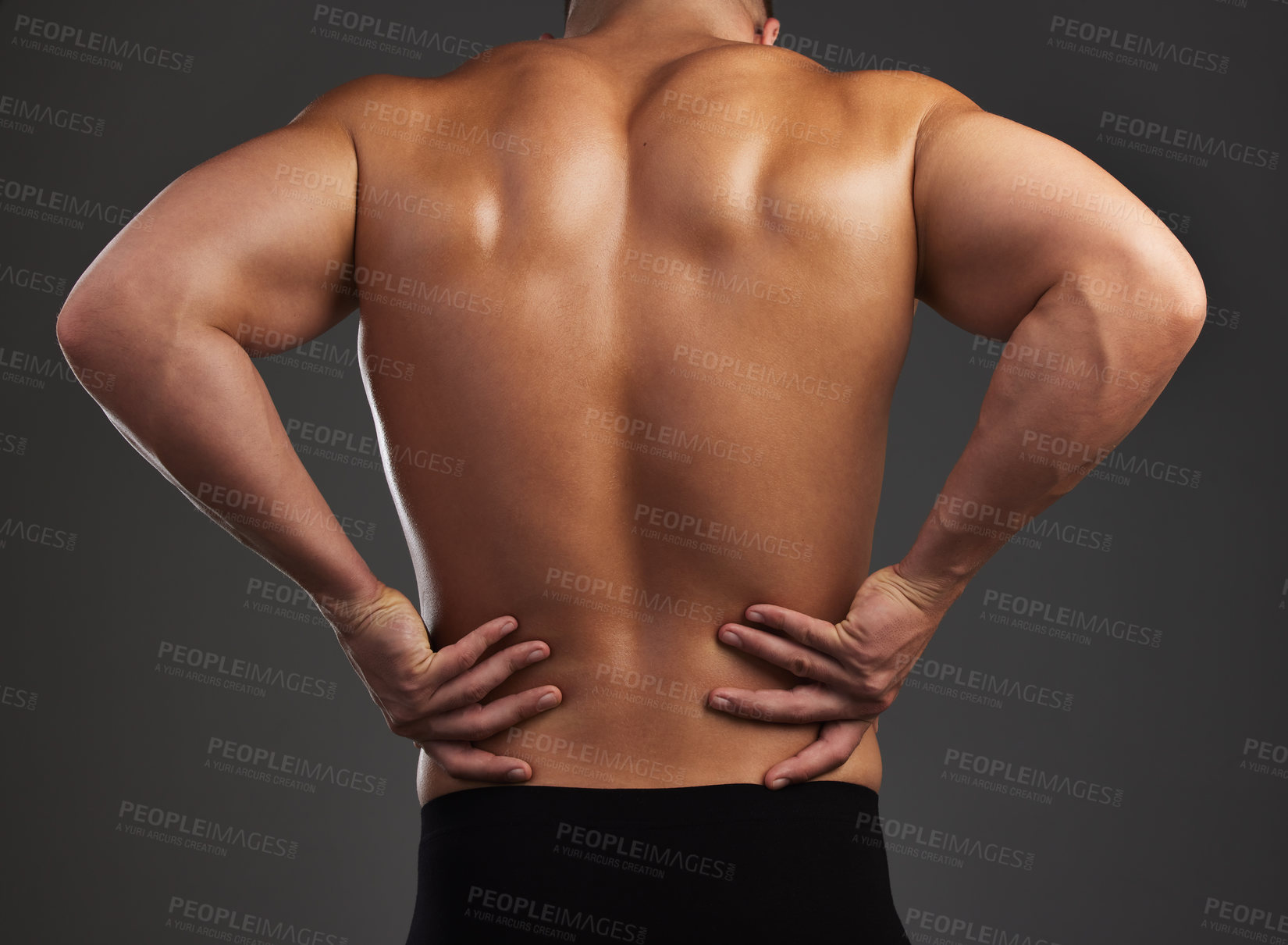 Buy stock photo Back pain, stress and fitness man in studio with workout mistake, fail or muscle inflammation on black background. Sports, injury and bodybuilder with backache, spine or anatomy, risk and emergency