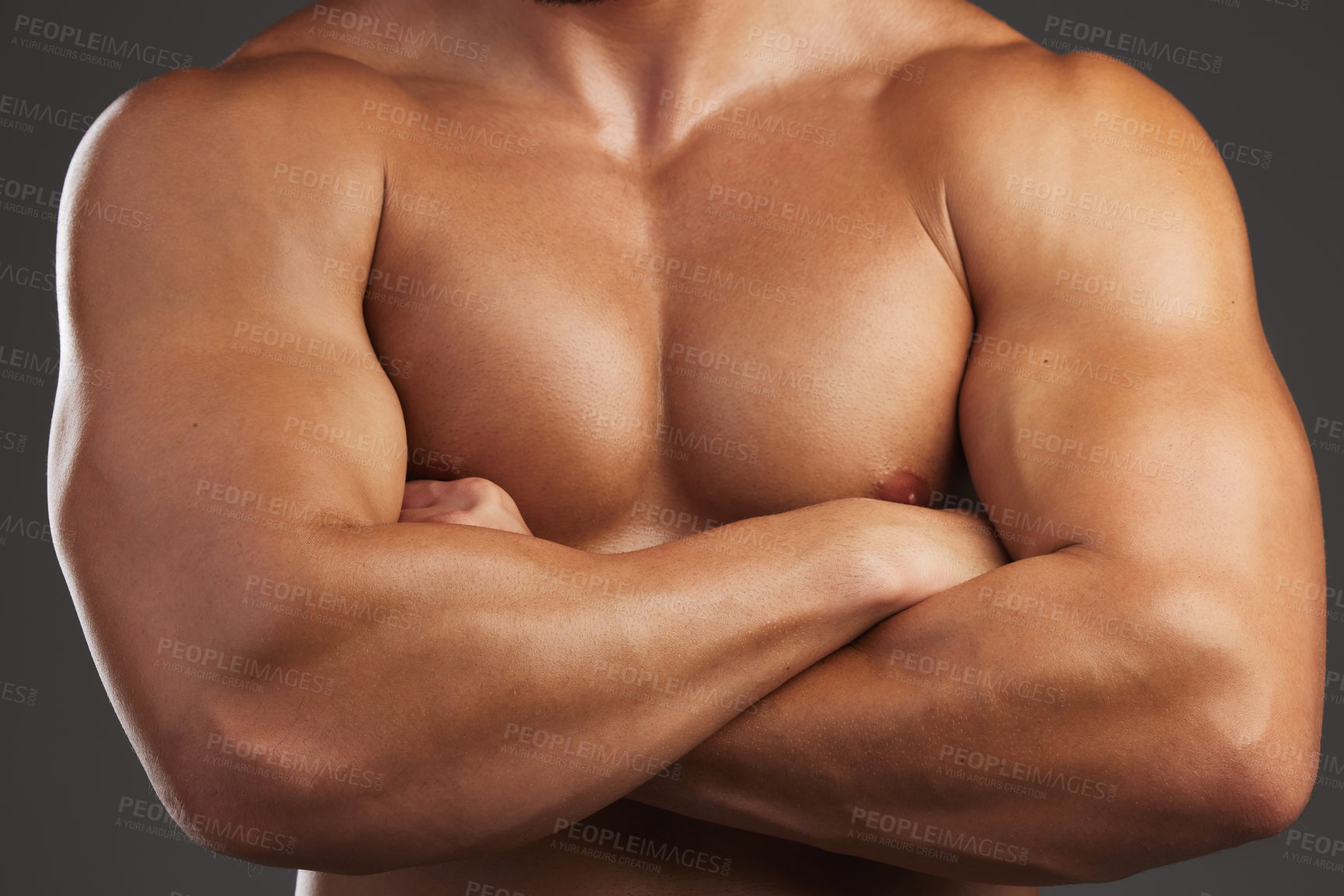 Buy stock photo Closeup, arms crossed and topless man in studio for fitness, exercise and wellness with chest. Athlete, bodybuilder and healthy by dark background for workout, training and sports for health and care