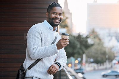 Buy stock photo African business man, coffee and smile on balcony with thinking, break and outdoor at cafe. Person, drink and tea cup with bag for commute, travel and happy with vision, reflection and start morning