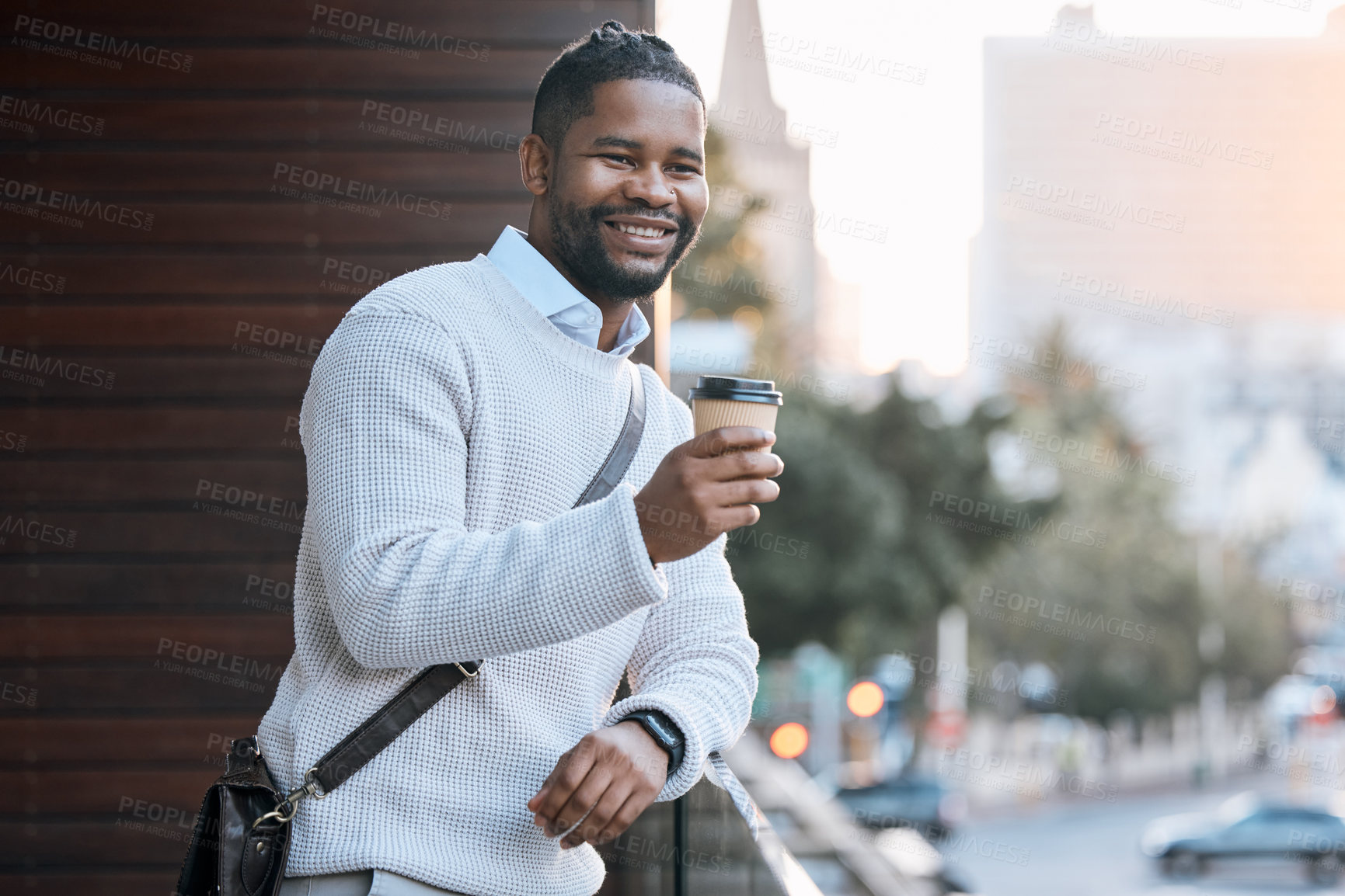 Buy stock photo African business man, coffee and smile on balcony with thinking, break and outdoor at cafe. Person, drink and tea cup with bag for commute, travel and happy with vision, reflection and start morning