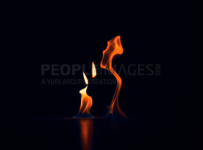 Buy stock photo Fire, hot and flame with energy in studio for flare, sparks and ignition for light on black background. Empty, heat and burning with glow for natural element, inferno or combustion with danger