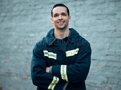 Buy stock photo Fireman, arms crossed and happy for portrait in city with safety uniform, pride and career in service. Person, smile and reflective gear for rescue, first responder and outdoor on metro sidewalk