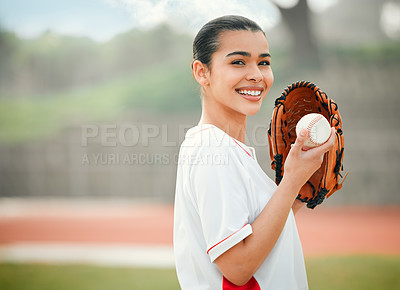 Buy stock photo Cropped portrait of an attractive young female baseball player standing outside while wearing a mitt and holding a baseball