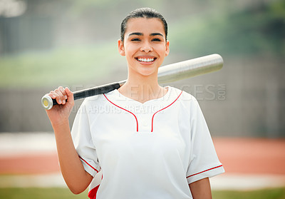 Buy stock photo Cropped portrait of an attractive young female baseball player holding a baseball bat while standing outside