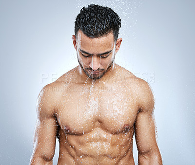 Buy stock photo Man in shower with water, cleaning and body hygiene with fresh wellness, healthy clean and studio backdrop. Cleansing, skin and hair care, male model washing with skincare on background bathroom spa.